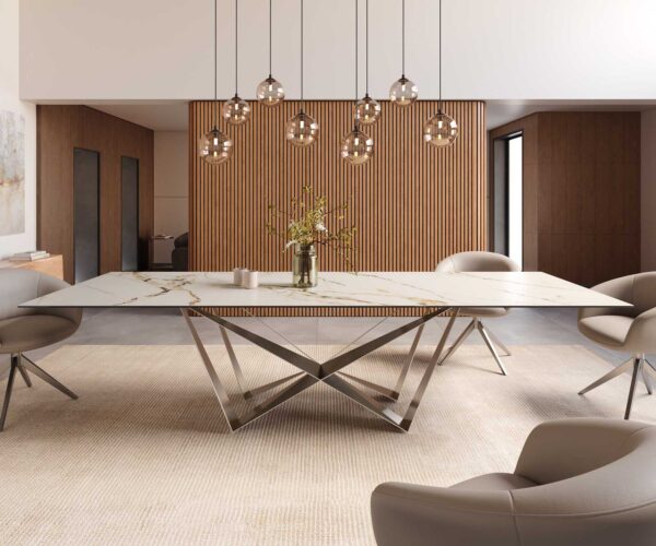 Jídelní stůl Edge keramika Calacatta Luxe bílá-zlatá-šedá 300x100 pavouk plochý nerezová ocel - Image 2
