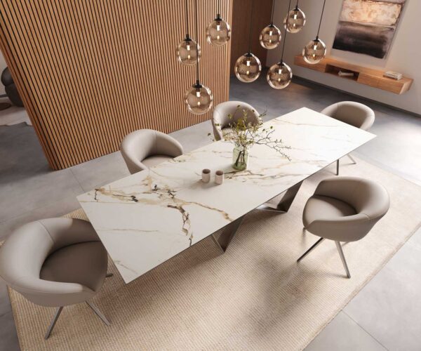 Jídelní stůl Edge keramika Calacatta Luxe bílá-zlatá-šedá 300x100 pavouk plochý nerezová ocel - Image 6