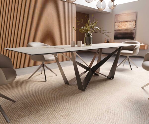 Jídelní stůl Edge keramika Calacatta Luxe bílá-zlatá-šedá 300x100 pavouk plochý nerezová ocel - Image 7