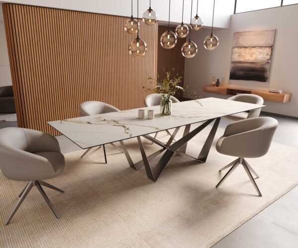 Jídelní stůl Edge keramika Calacatta Luxe bílá-zlatá-šedá 300x100 pavouk plochý nerezová ocel - Image 8