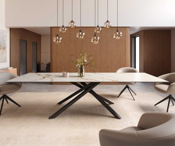 Jídelní stůl Edge keramika Calacatta Luxe bílá-zlatá-šedá 300x100 cm, křížová podnož, kov černý - Image 2