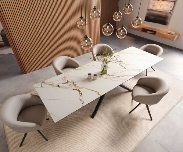 Jídelní stůl Edge keramika Calacatta Luxe bílá-zlatá-šedá 300x100 cm, křížová podnož, kov černý - Image 6