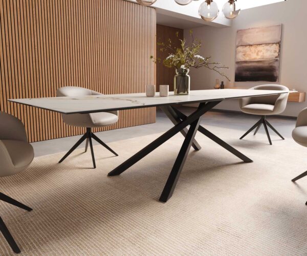 Jídelní stůl Edge keramika Calacatta Luxe bílá-zlatá-šedá 300x100 cm, křížová podnož, kov černý - Image 7
