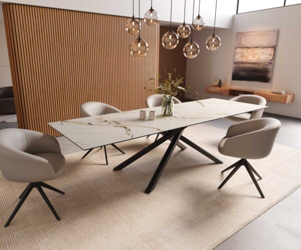Jídelní stůl Edge keramika Calacatta Luxe bílá-zlatá-šedá 300x100 cm, křížová podnož, kov černý - Image 8