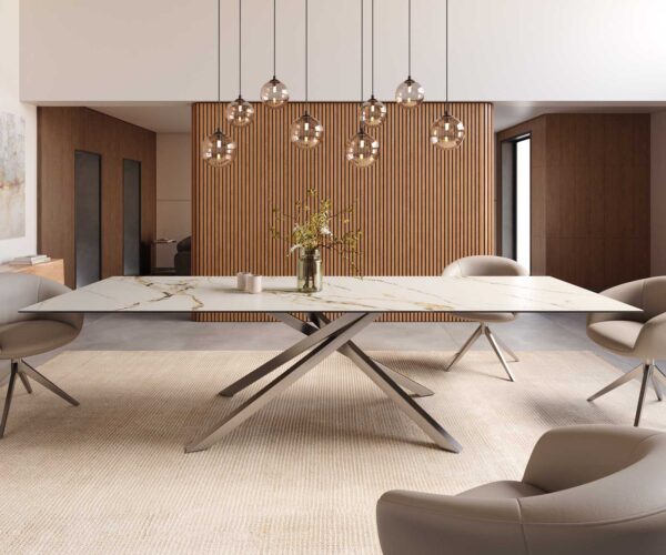 Jídelní stůl Edge keramika Calacatta Luxe bílá-zlatá-šedá 300x100 cm, křížová podnož, obdélník, nerezová ocel - Image 2