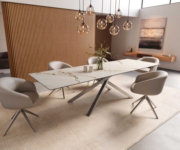 Jídelní stůl Edge keramika Calacatta Luxe bílá-zlatá-šedá 300x100 cm, křížová podnož, obdélník, nerezová ocel - Image 8