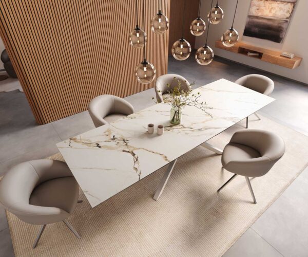 Jídelní stůl Edge keramika Calacatta Luxe bílá-zlatá-šedá 300x100 cm, křížová podnož, obdélník, nerezová ocel - Image 6