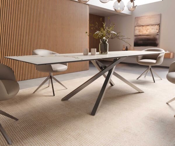 Jídelní stůl Edge keramika Calacatta Luxe bílá-zlatá-šedá 300x100 cm, křížová podnož, obdélník, nerezová ocel - Image 7