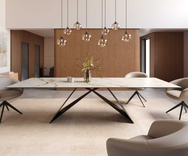 Jídelní stůl Edge keramika Calacatta Luxe bílá-zlatá-šedá 300x100 V-noha plochý kov černý - Image 2