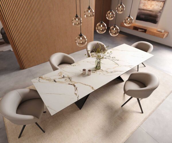 Jídelní stůl Edge keramika Calacatta Luxe bílá-zlatá-šedá 300x100 V-noha plochý kov černý - Image 6