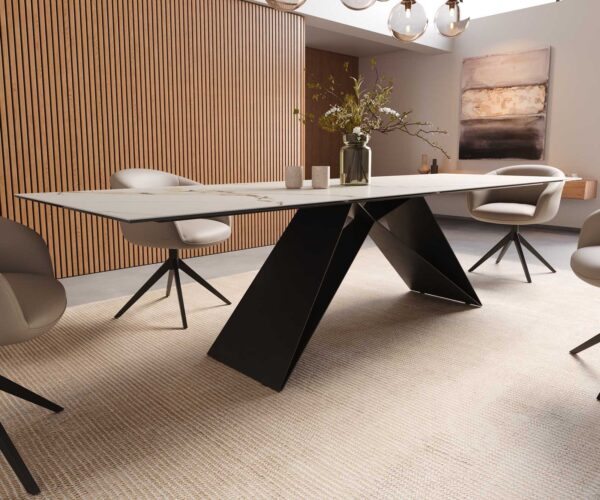 Jídelní stůl Edge keramika Calacatta Luxe bílá-zlatá-šedá 300x100 V-noha plochý kov černý - Image 7