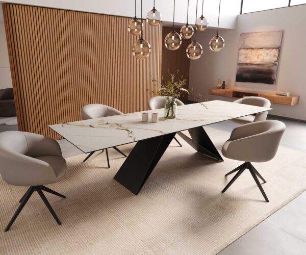 Jídelní stůl Edge keramika Calacatta Luxe bílá-zlatá-šedá 300x100 V-noha plochý kov černý - Image 8