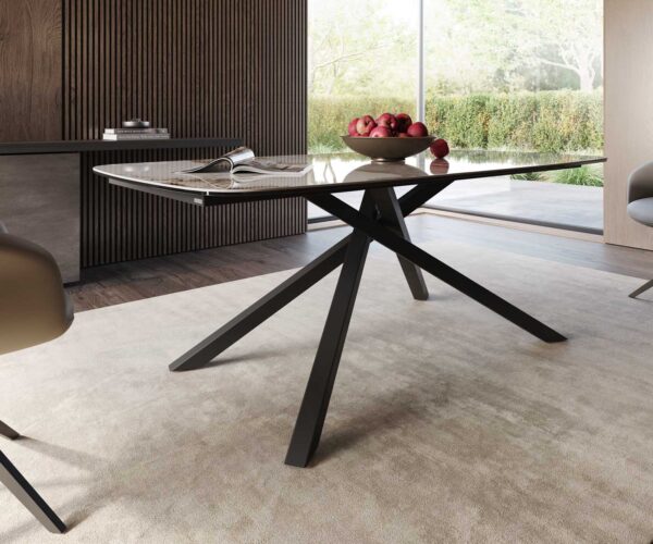 Jídelní stůl Edge lodě tvarovaný keramický Minas Melange bílo-béžový 200x100 křížová podnož kov černý - Image 6