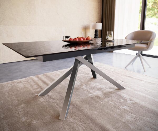 Jídelní stůl Edge reliefové sklo kouřově černé 3D design 180-220x100 křížová podnož obdélníkový nerezový rozkládací - Image 5
