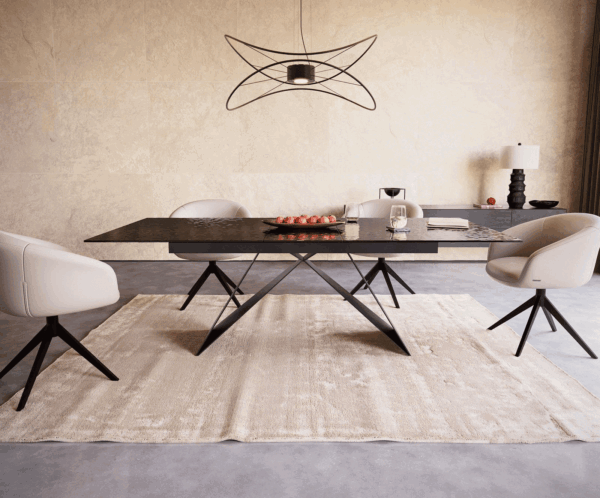 Jídelní stůl Edge reliefní sklo kouřově černé 3D design 180-220x100 V-noha plochý kov černý rozkládací - Image 2