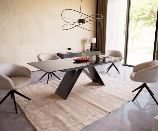 Jídelní stůl Edge reliefní sklo kouřově černé 3D design 180-220x100 V-noha plochý kov černý rozkládací - Image 6