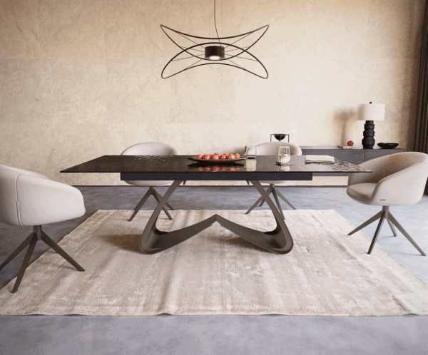 Jídelní stůl Edge reliefní sklo kouřově černé 3D design 180-220x100 s podstavcem kovový efekt titan rozkládací - Image 2
