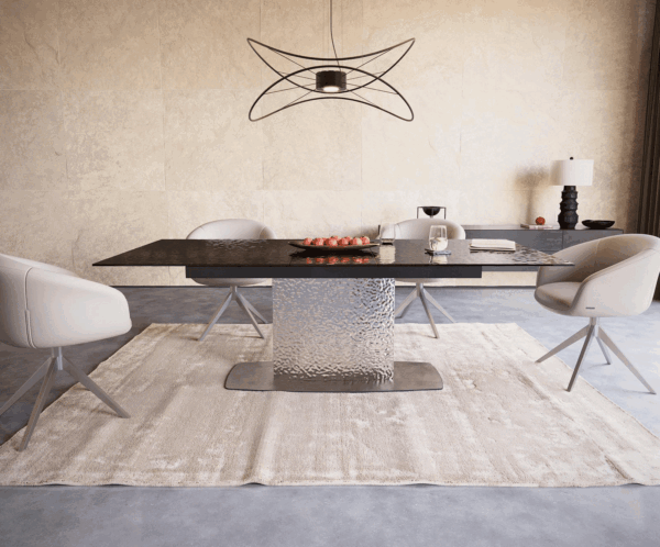 Jídelní stůl Edge reliefní sklo kouřově černé 3D design 180-220x100 vlna nerezová ocel rozkládací - Image 2