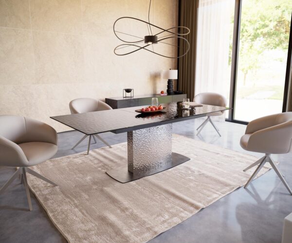 Jídelní stůl Edge reliefní sklo kouřově černé 3D design 180-220x100 vlna nerezová ocel rozkládací - Image 6