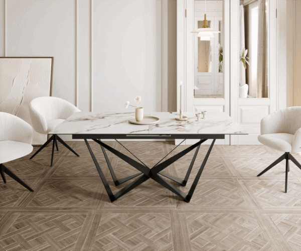 Jídelní stůl Edge keramika Calacatta Luxe bílá-zlatá-šedá 180-220x100 cm, spider, ploché černé kovové nohy, rozkládací - Image 2