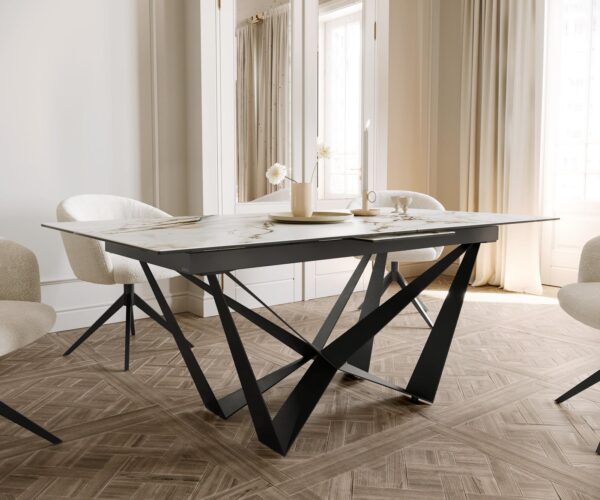 Jídelní stůl Edge keramika Calacatta Luxe bílá-zlatá-šedá 180-220x100 cm, spider, ploché černé kovové nohy, rozkládací - Image 6