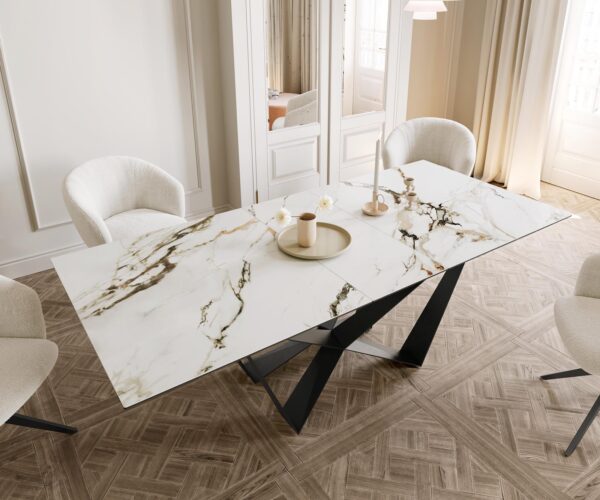 Jídelní stůl Edge keramika Calacatta Luxe bílá-zlatá-šedá 180-220x100 cm, spider, ploché černé kovové nohy, rozkládací - Image 5