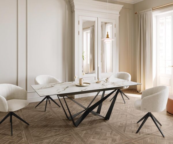 Jídelní stůl Edge keramika Calacatta Luxe bílá-zlatá-šedá 180-220x100 cm, spider, ploché černé kovové nohy, rozkládací - Image 7