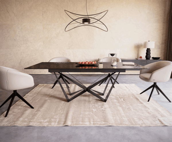 Jídelní stůl Edge reliefní sklo kouřově černé 3D design 180-220x100 pavoučí plochý kov černý rozkládací - Image 2