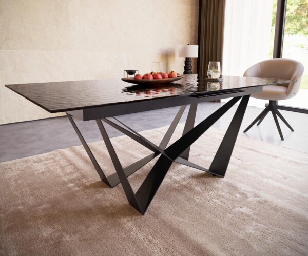 Jídelní stůl Edge reliefní sklo kouřově černé 3D design 180-220x100 pavoučí plochý kov černý rozkládací - Image 5