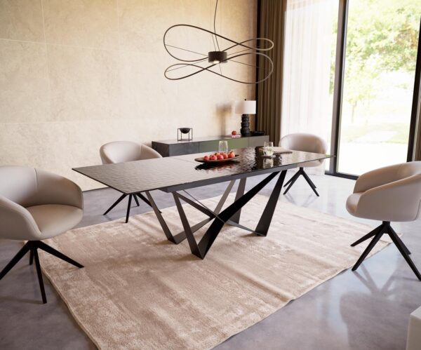 Jídelní stůl Edge reliefní sklo kouřově černé 3D design 180-220x100 pavoučí plochý kov černý rozkládací - Image 6