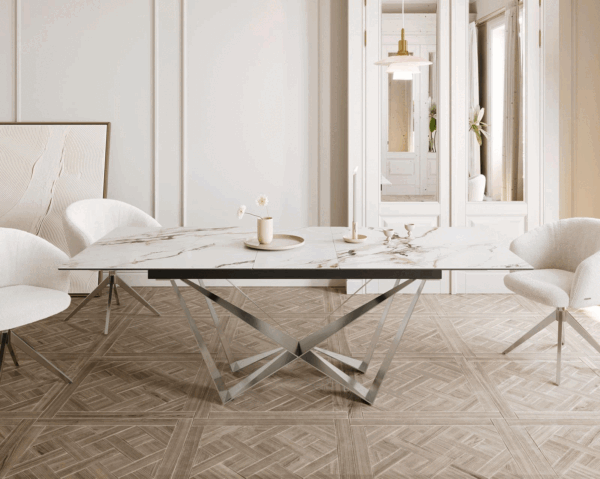 Jídelní stůl Edge keramický Calacatta Luxe bílá-zlatá-šedá 180-220x100 cm, spider nohy, plochý nerezový ocelový rozkládací - Image 2