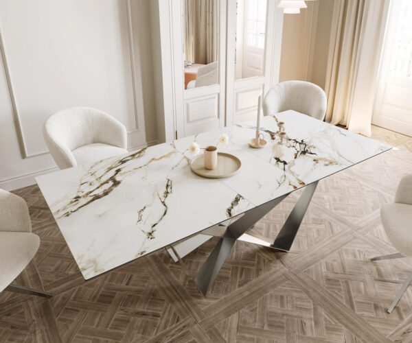 Jídelní stůl Edge keramický Calacatta Luxe bílá-zlatá-šedá 180-220x100 cm, spider nohy, plochý nerezový ocelový rozkládací - Image 5