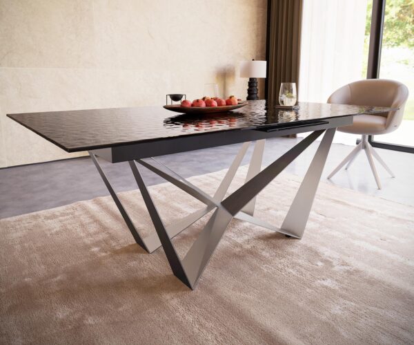 Jídelní stůl Edge reliefní sklo kouřově černé 3D design 180-220x100 pavouk plochý nerez rozkládací - Image 5