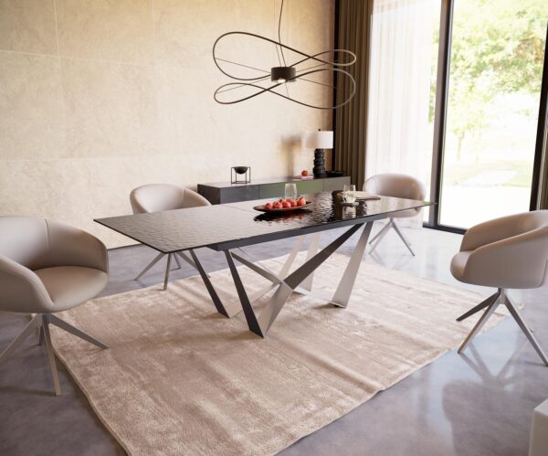 Jídelní stůl Edge reliefní sklo kouřově černé 3D design 180-220x100 pavouk plochý nerez rozkládací - Image 6