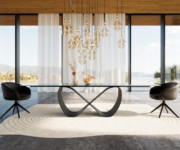 Jídelní stůl Edge reliéfní sklo kouřově černé 3D design 300x100 Infinity kov černý - Image 2