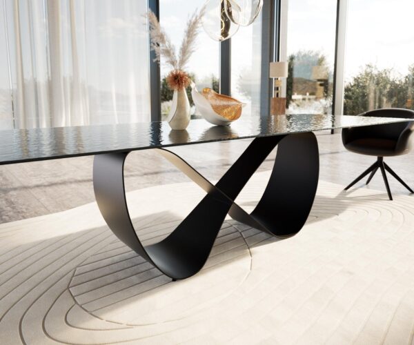 Jídelní stůl Edge reliéfní sklo kouřově černé 3D design 300x100 Infinity kov černý - Image 5