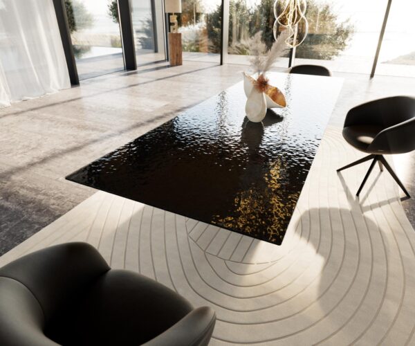 Jídelní stůl Edge reliéfní sklo kouřově černé 3D design 300x100 Infinity kov černý - Image 6
