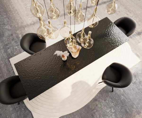 Jídelní stůl Edge reliéfní sklo kouřově černé 3D design 300x100 Infinity kov černý - Image 4