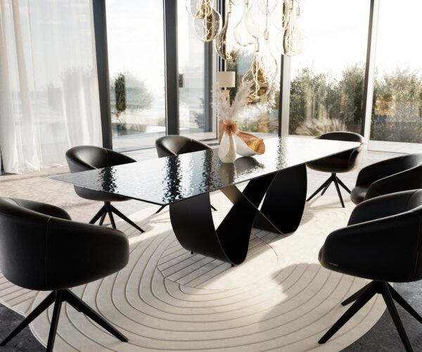 Jídelní stůl Edge reliéfní sklo kouřově černé 3D design 300x100 Infinity kov černý - Image 7