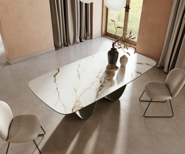 Jídelní stůl Edge lodní tvar keramika Calacatta Luxe bílá-zlatá-šedá 240x120 nekonečná základna kovový efekt titanový - Image 5