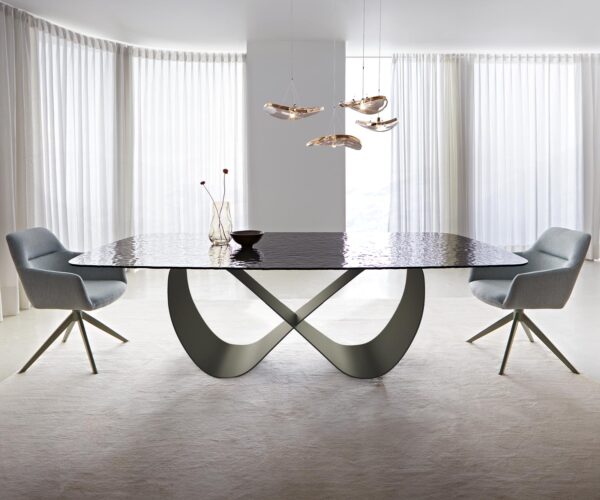 Jídelní stůl Edge lodě tvarované reliéfní sklo kouřově černé 3D design 240x120 Infinity kovový efekt titanový - Image 2