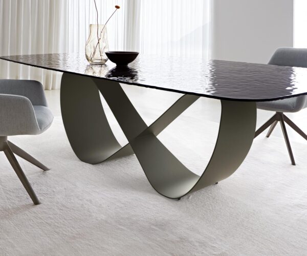 Jídelní stůl Edge lodě tvarované reliéfní sklo kouřově černé 3D design 240x120 Infinity kovový efekt titanový - Image 5