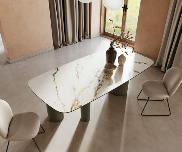 Jídelní stůl Edge lodě tvarovaný keramický Calacatta Luxe bílá-zlatá-šedá 240x120 s kovovým efektem troa titanový - Image 5