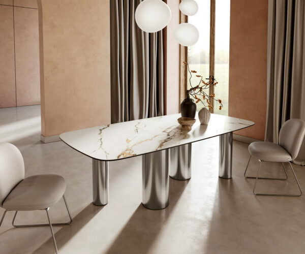 Jídelní stůl Edge lodní tvar keramika Calacatta Luxe bílá-zlatá-šedá 240x120 pilíř nerezová ocel - Image 2