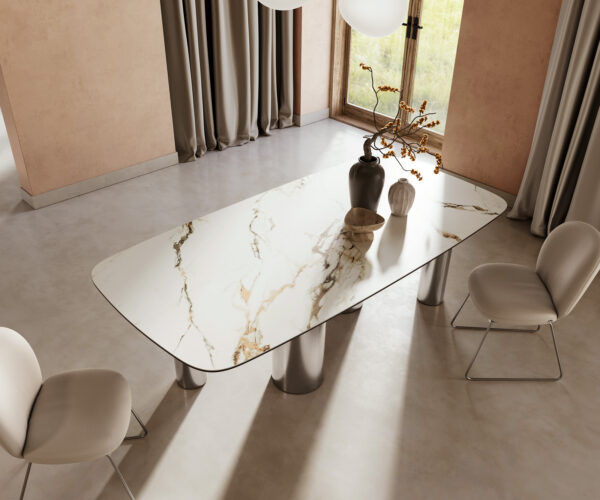 Jídelní stůl Edge lodní tvar keramika Calacatta Luxe bílá-zlatá-šedá 240x120 pilíř nerezová ocel - Image 5