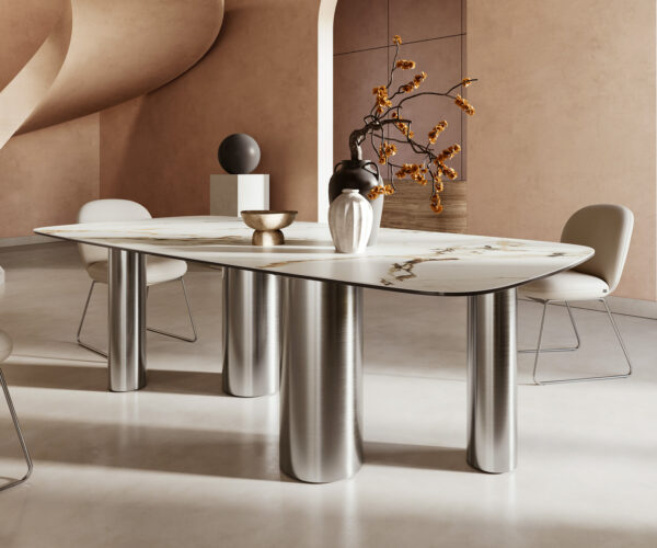 Jídelní stůl Edge lodní tvar keramika Calacatta Luxe bílá-zlatá-šedá 240x120 pilíř nerezová ocel - Image 6