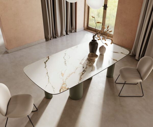 Jídelní stůl Edge lodě tvarovaný keramický Calacatta Luxe bílá-zlatá-šedá 240x120 pilíř kovový efekt titanový - Image 5