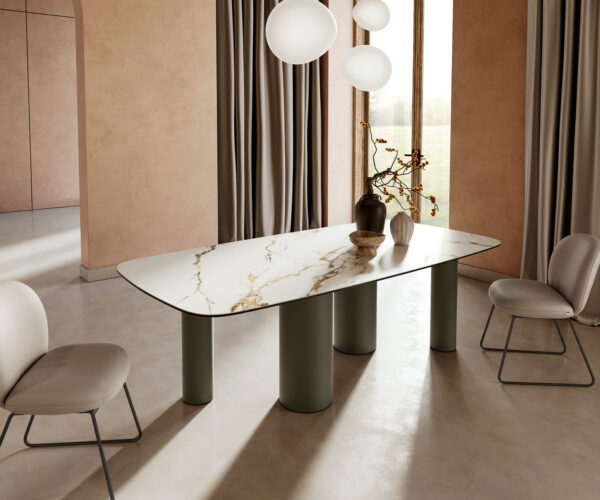 Jídelní stůl Edge lodě tvarovaný keramický Calacatta Luxe bílá-zlatá-šedá 240x120 pilíř kovový efekt titanový - Image 2