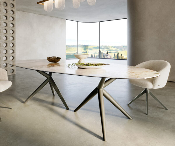 Jídelní stůl Edge oválný keramický Minas Melange bílá-béžová 280x130 Estelar kulatý kovový efektový povrch titanový - Image 6