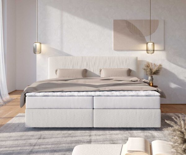 Boxspring postel Dream-Well bouclé krémově bílá 200x200 cm s matrací s jádrem z taštičkových pružin a visco topperem - Image 2